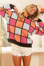BiBi Women's Sweater Checker Orange Red Multi Color Pattern Oversized 2b15861b80884b618649005d021a6cea-Max-Origin Trendsi