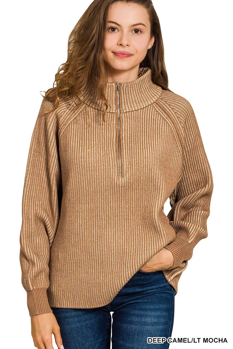 Zenana Womens Knit Sweater Camel Ribbed Two Tone Half Zip 2b22508a502f46b4bed02653db215681-Max-Origin Trendsi
