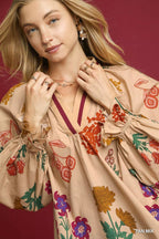 Umgee Womens Blouse Cotton Floral Tan Mix Print Flounce Long Sleeve Top 2b2c1722-9ef0-4fe1-a5b9-111f03086c86-Max-Origin Trendsi