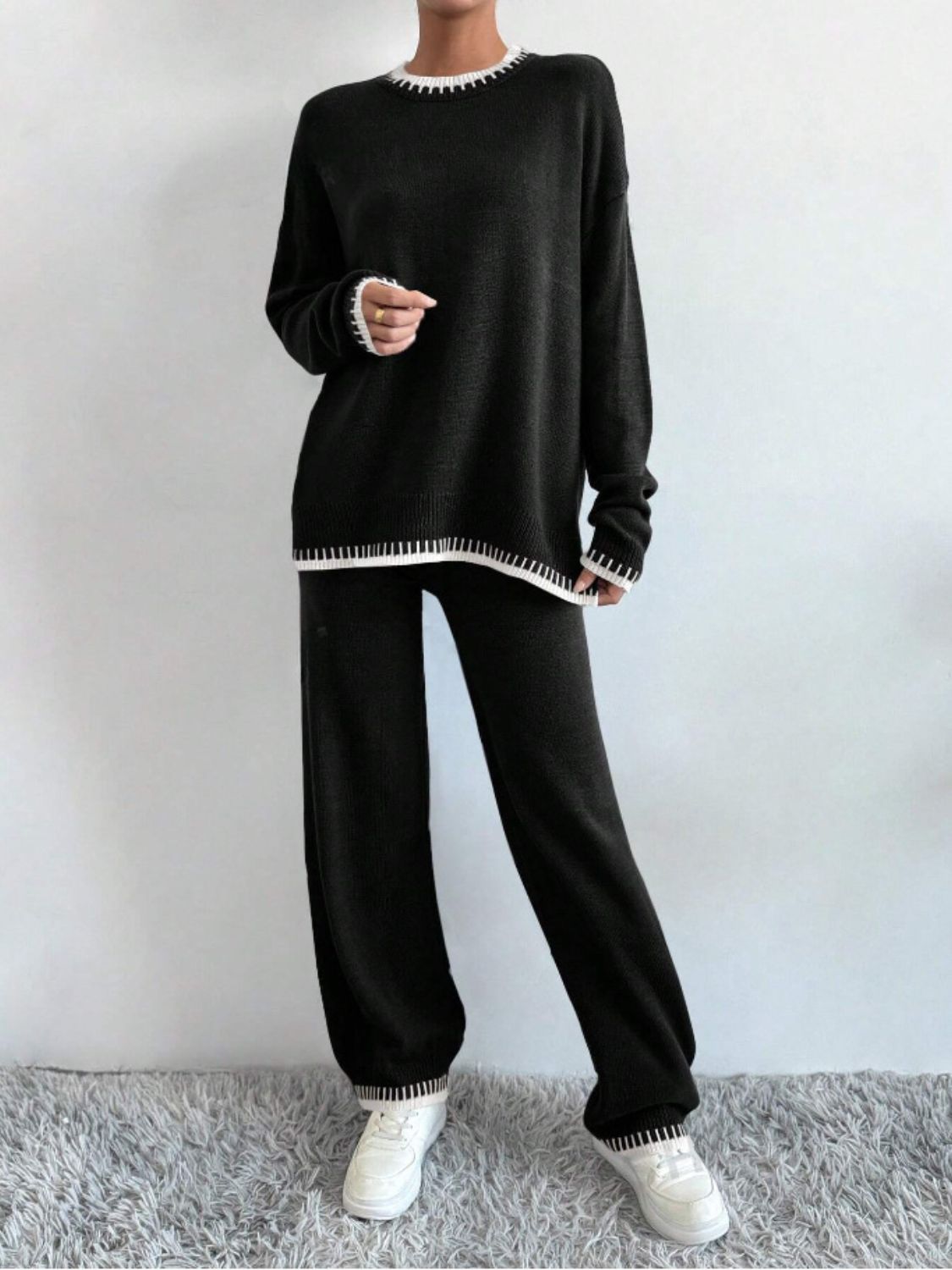 Outfit Set Knit Sweater Side Slit Contrast Trim Round Neck Top and Pants Set