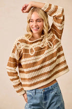 BiBi Womens Brown Striped Open Knit Sweater Top with Front Braided Detail 2b390a47ba944b4e8298dfa505cb077f-Max-Origin Trendsi