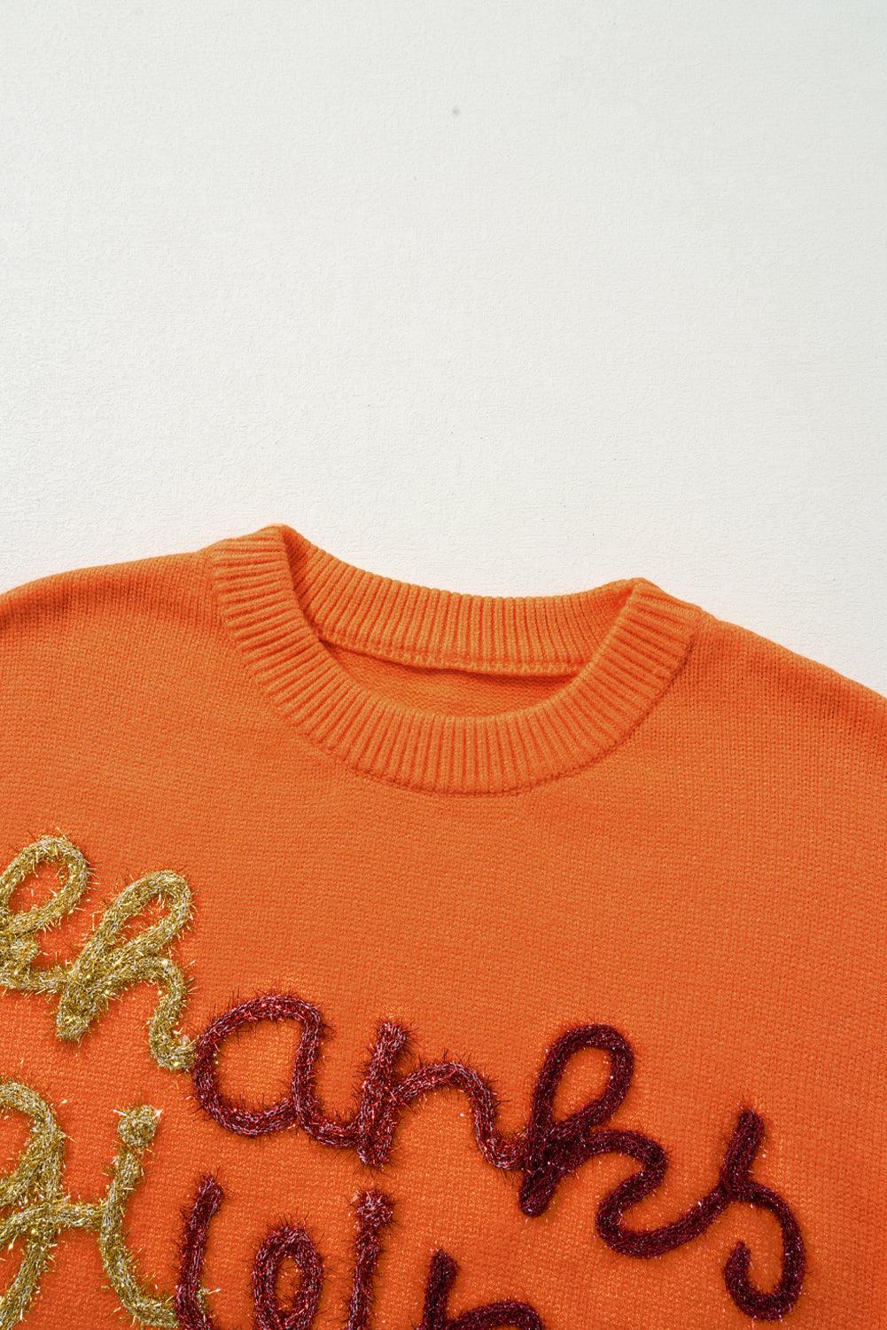 THANKSGIVING Women Sweater Round Neck Long Sleeve Orange Pullover