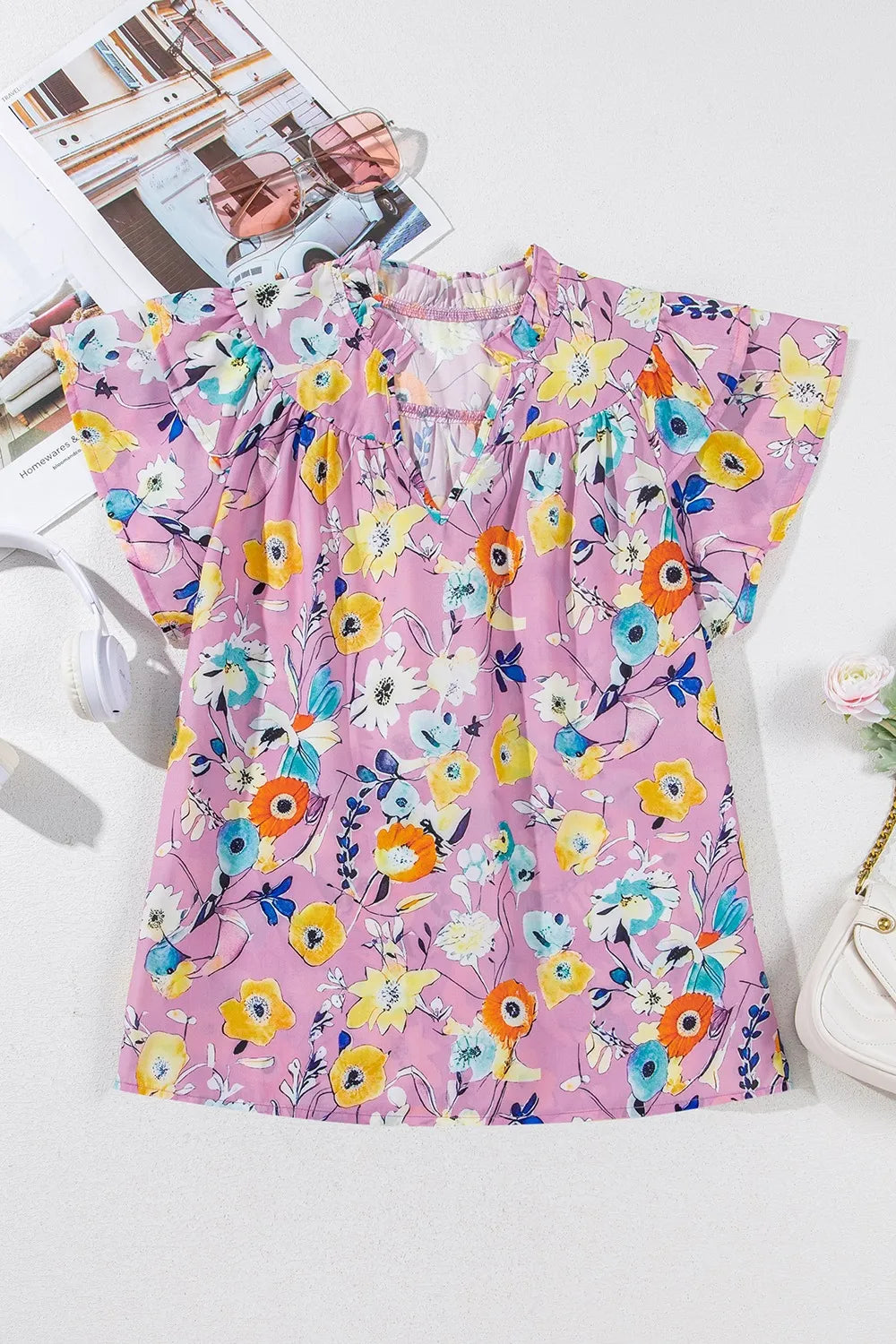 Floral Blouse Colorful Printed Notched Double Layered Ruffle Sleeve Top 2b5c07e5-fe66-4888-b08e-1e70cac06ab7-Max-Origin Trendsi