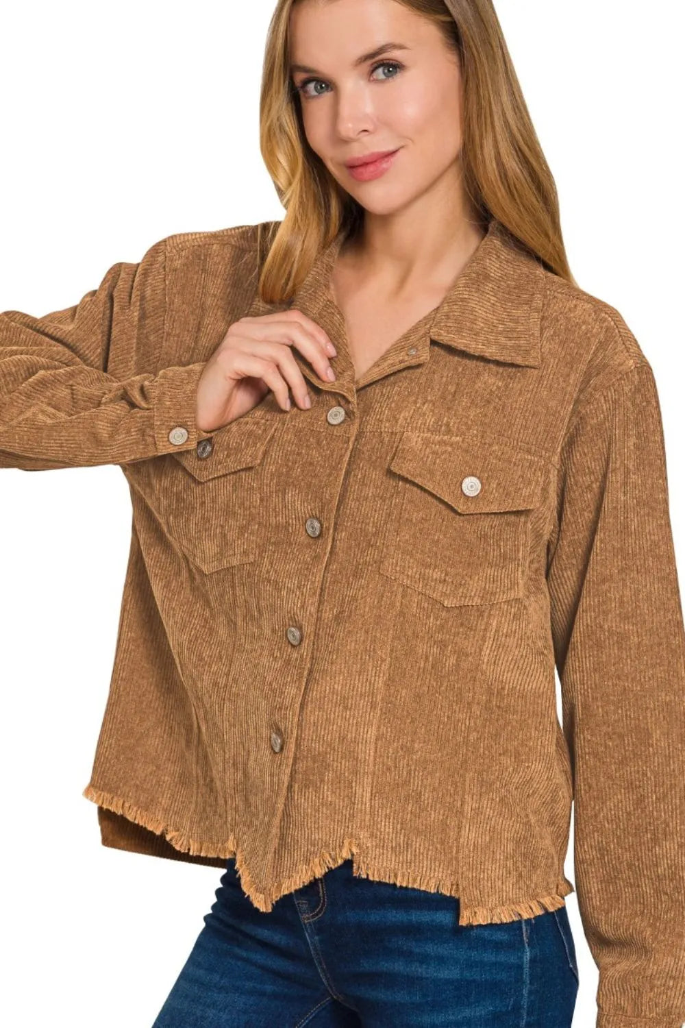 Zenana Corduroy Cropped Jacket Distressed Frayed Hem Long Sleeve DEEP CAMEL 2b602362-af17-44fe-b6d2-d9ad90cb3595-Max-Origin Trendsi