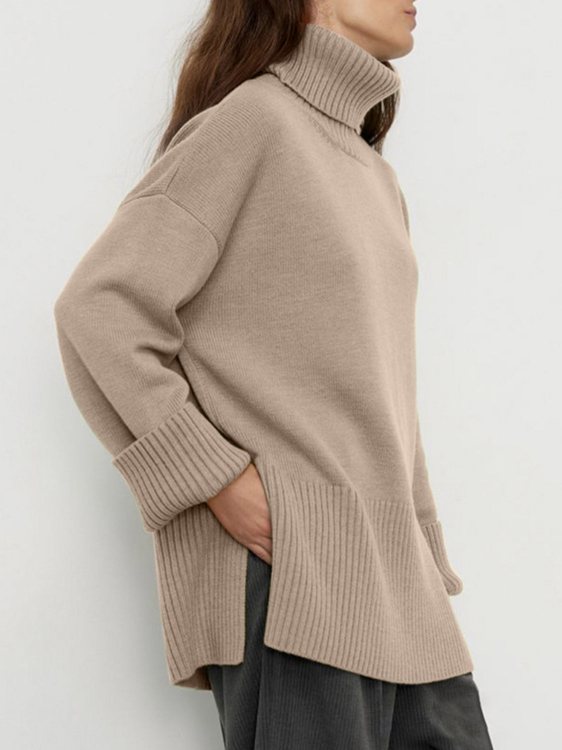 Women Sweater Side Slit Turtleneck Drop Shoulder Long Sleeve Soft Pullover 2b65a75d-bb1e-4728-81a5-d6e305112b76-Max Trendsi