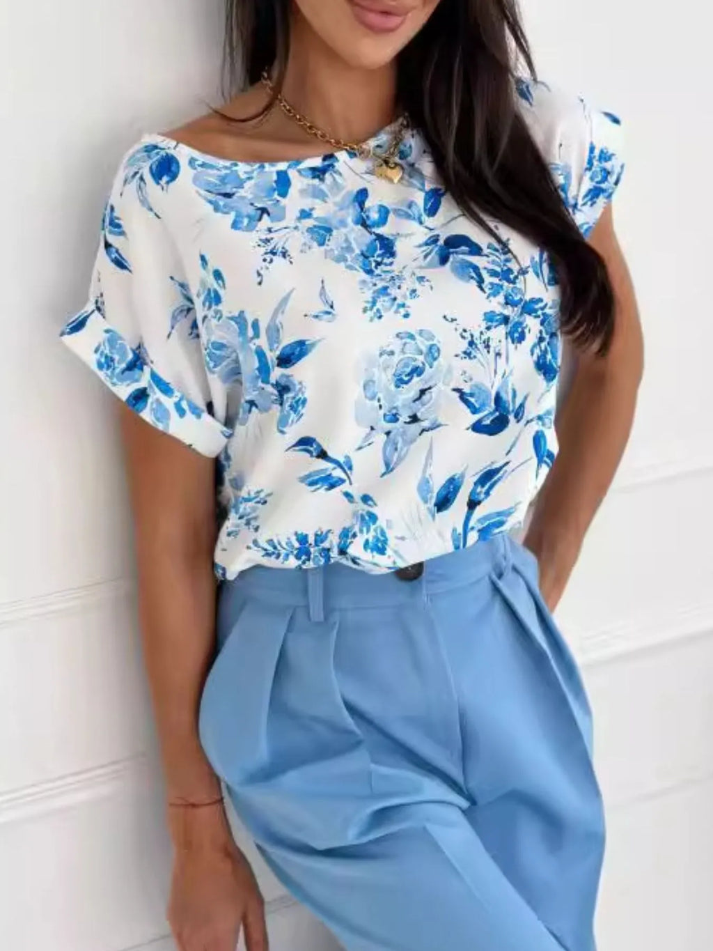 Women's T-Shirt Classic Rolled Tab Sleeve Floral Solid Tops 2b702021-0eb2-4025-9cad-13baf01ae2fb-Max-Origin Trendsi