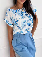 Women's T-Shirt Classic Rolled Tab Sleeve Floral Solid Tops 2b702021-0eb2-4025-9cad-13baf01ae2fb-Max-Origin Trendsi