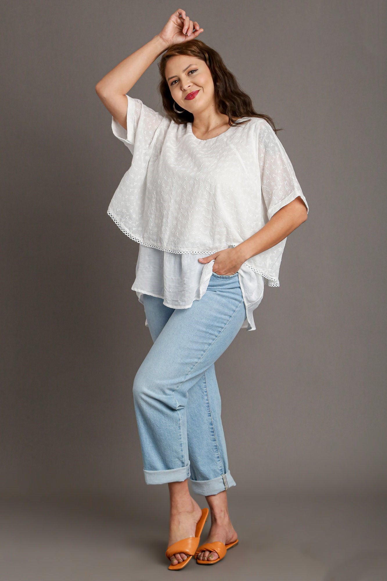 Umgee Blouse White Eyelet Layered Cotton Short Sleeve Top 2b717db0-1cdc-440d-a58f-5c6ac89c3149-Max Trendsi