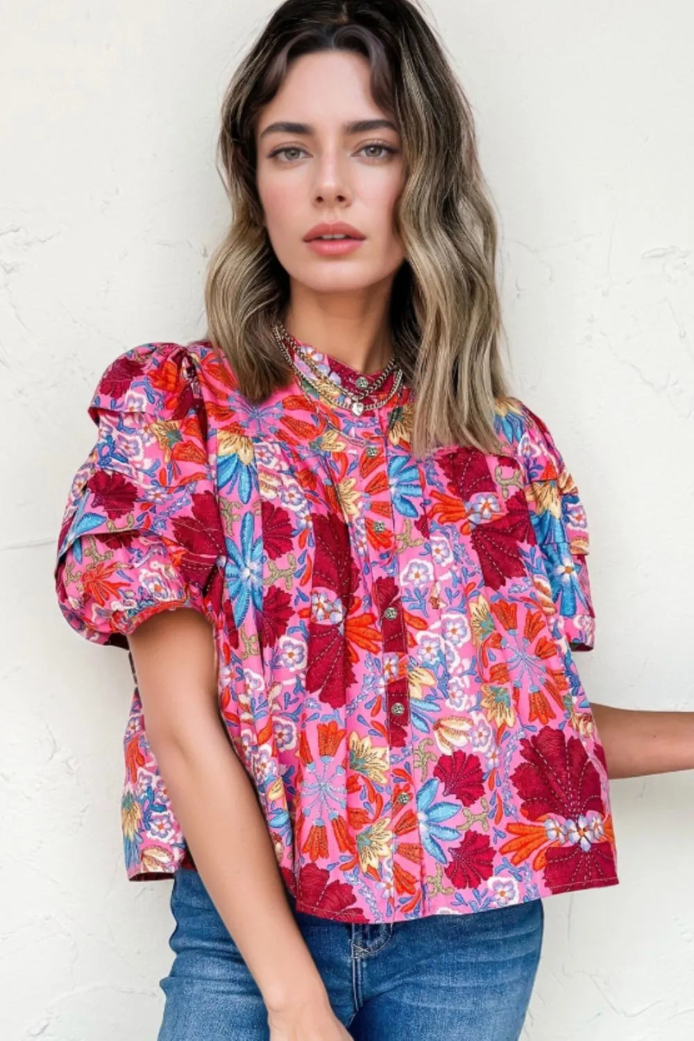 Floral Women's Blouse Pleated Colorful Red Buttoned Puff Short Sleeve 2b71f1b6-6a4c-424c-888b-7f5142c317a9-Max-Origin Trendsi