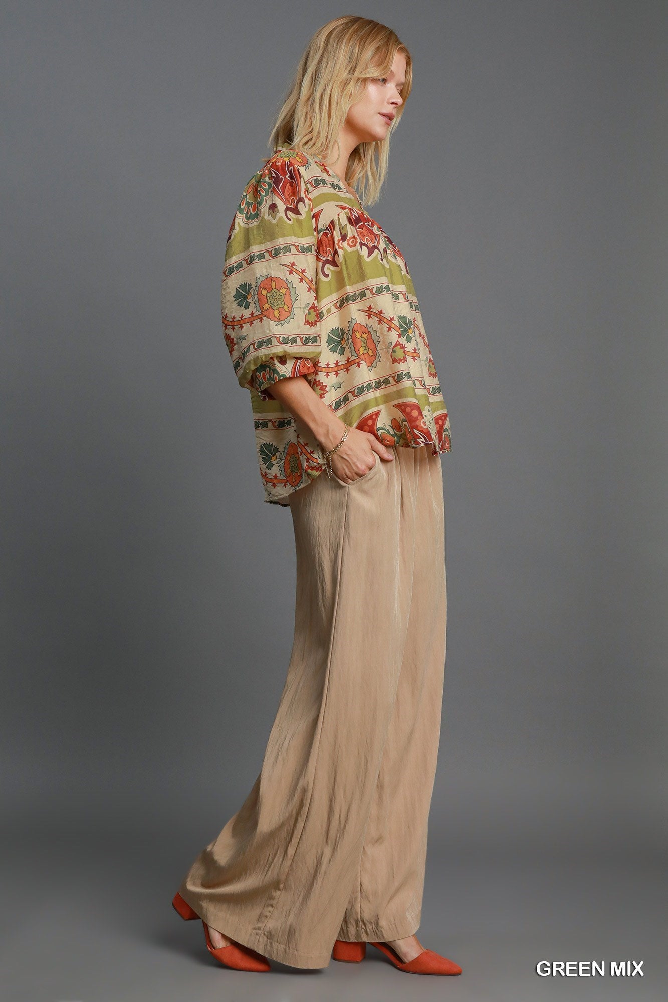 Umgee Blouse Yellow-Green Floral Border Print Notched 3/4 Puff Sleeve 2b721973-f18d-4aab-b00d-6b2edd847ce8-Max Trendsi