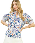 Umgee Floral Print Jacquard Ruffle Top Women's Lavender Mix Buttoned Collar Blouse