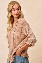 BiBi Hooded Knit Top Taupe Jacquard Flower Puff 3/4 Sleeve Button Tied 2b7b57a5-c011-4e2e-8105-79855b234116-Max-Origin Trendsi