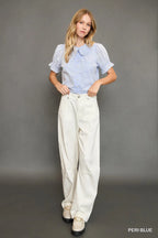 Umgee Shirt Peter Pan Collared Button Up Textured with Ruffled Short Sleeve Top 2b7b8dbd-86c7-4143-ac2d-f754ce0469ac-Max-Origin Trendsi