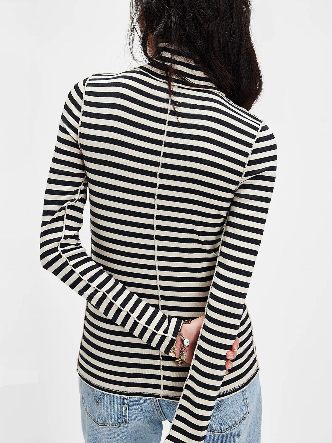 Striped Turtleneck T-Shirt Cotton Blend Women Exposed Seam Long Sleeve