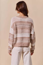 SO ME Womens Sweater Taupe Variegated Stripe Openwor Textured Loose Fit 2b916a2484d740e98a7eb1d7ee1bebac-Max-Origin Trendsi
