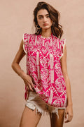 BiBi Women's Blouse Pink Floral Printed Ruffle Short Sleeve Top PINK 2b94538d3d2e4501838be578011a0eba-Max-Origin Trendsi