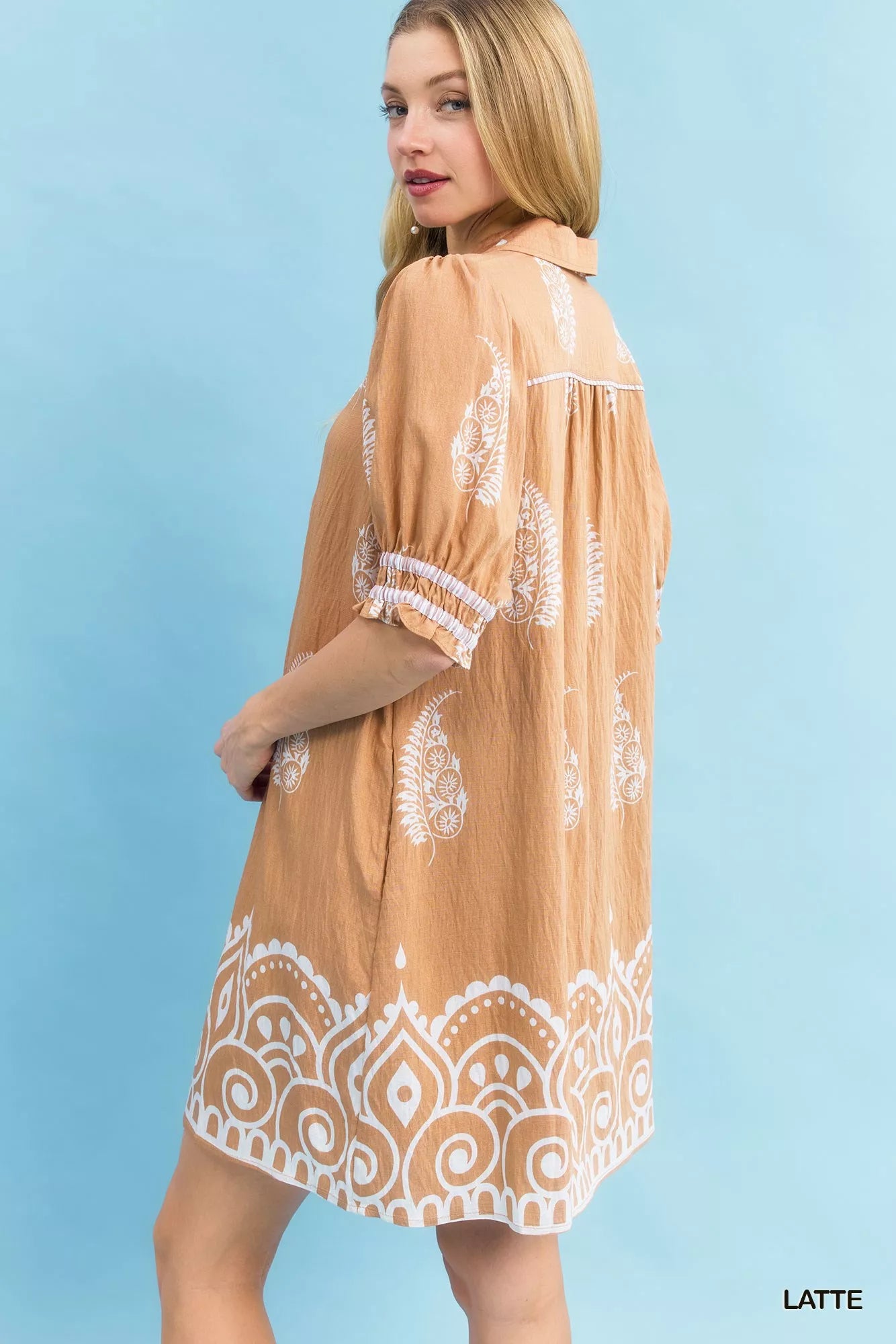 Umgee Babydoll Dress Latte Brown Paisley Mandala Print Short Sleeve Smocked 2b9a3c2f-1639-431e-883a-e0c4c92d8bb7-Max-Origin Trendsi