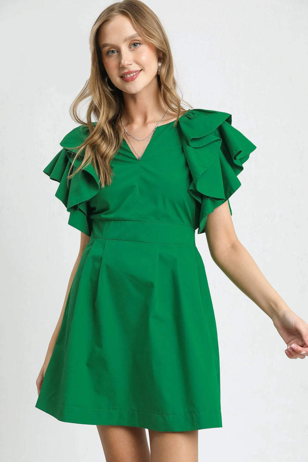 Umgee Mini Dress Green Double Ruffle Sleeve Fit and Flare Back Tied Dark Green 2ba83b29-3394-4d98-9082-1d6d45e90b38-Max-Origin Trendsi