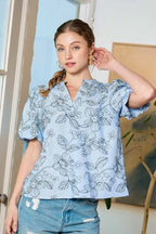 Umgee Blouse Floral Pastel Blue Print Puff Short Sleeve Casual Top Pastel Blue 2baf288a-9091-4078-b066-827c54e8e818-Max-Origin Trendsi