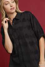 Umgee Women's Shirt Black Jacquard Heart Collared Short Sleeve Top 2bbb46a8-3a4c-4f04-a36d-ea4e9639b55b-Max-Origin Trendsi