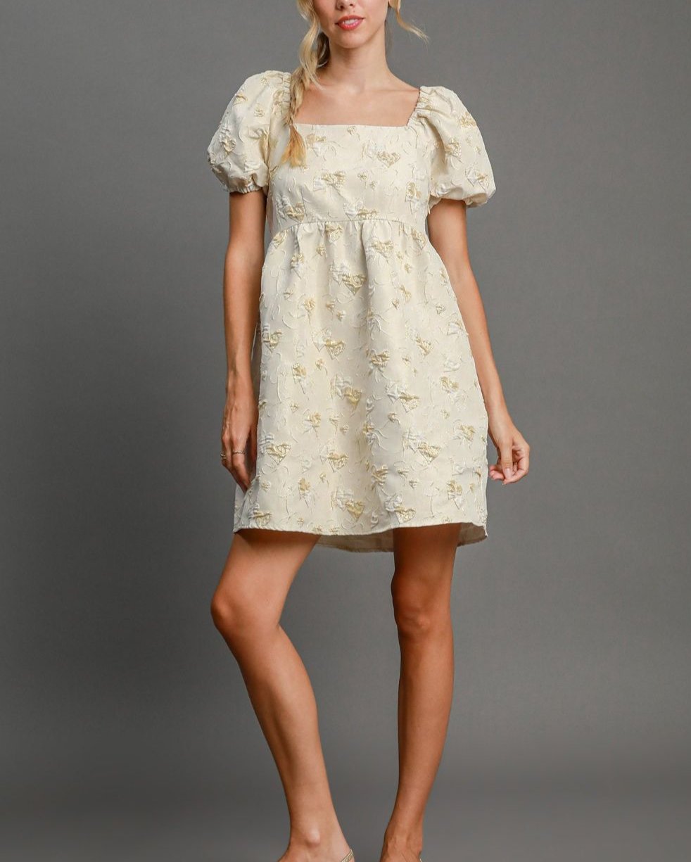 Umgee USA Mini Dress Heart Jacquard Cream Square Neck Puff Short Sleeve