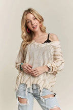 ADORA Knit Top Distressed Zebra Ivory Gold Raw Hem Fringe Long Sleeve IVORY LT GOLD 2bcb80c6981b453ebeca20d0c11b4112-Max-Origin Trendsi