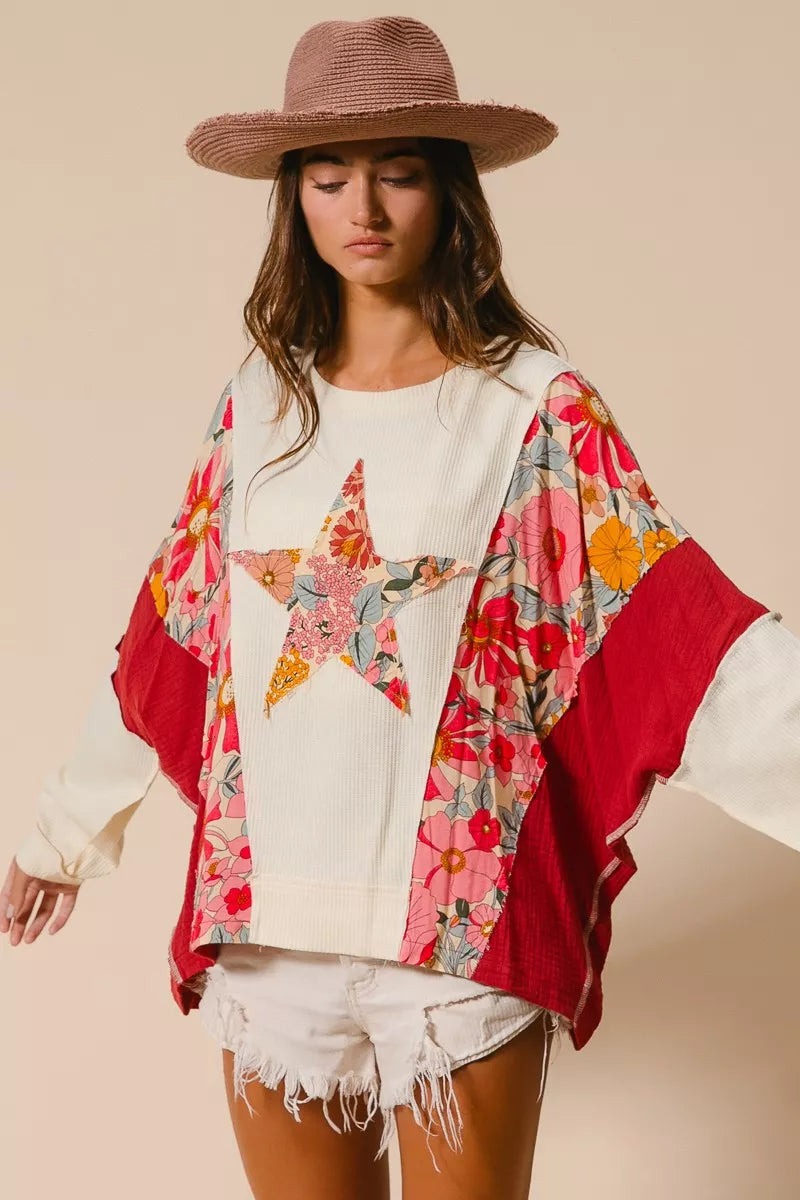 BiBi Sweatshirt Floral Print Mixed Star Patch Round Neck Top 2bd518cffd9b452fbfdad79543b9b678-Max-Origin Trendsi