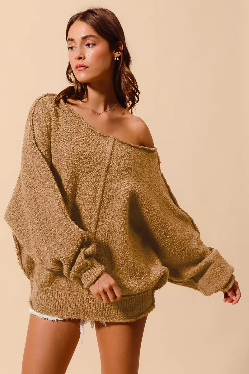SO ME Womens Sweater Taupe Loose Fit Exposed Seam Slouchy Boucle 2bd720859d8f4e599d84f64e7ff0e31e-Max-Origin Trendsi