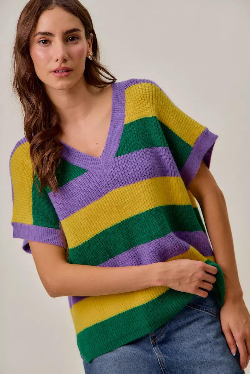 SO ME Women Sweater Purple Mix Mardi Gras Loose Fit V Neck Stripe Top 2be3679e724242779e025cb0cfc396f7-Max-Origin Trendsi