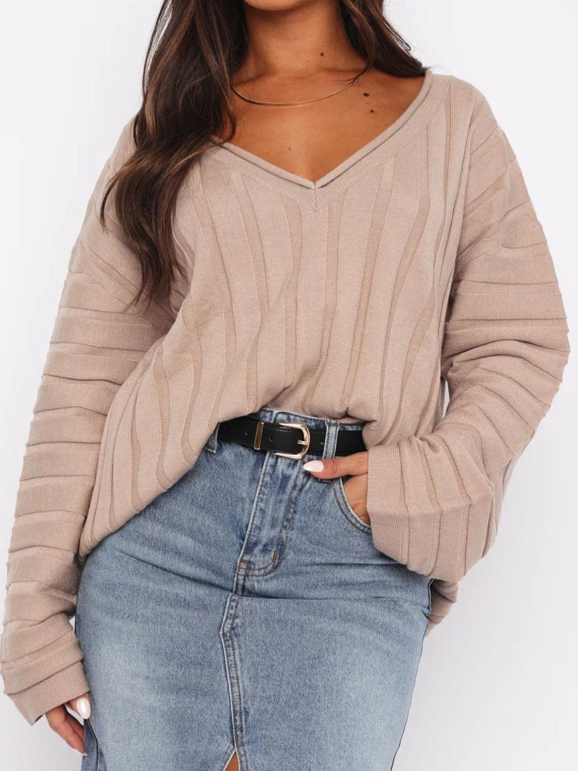 V-Neck Sweater Dropped Shoulder Long Sleeve One Size Apricot One Size 2beb0538-3daf-4b32-b697-f70bc11a1c81-Max Trendsi