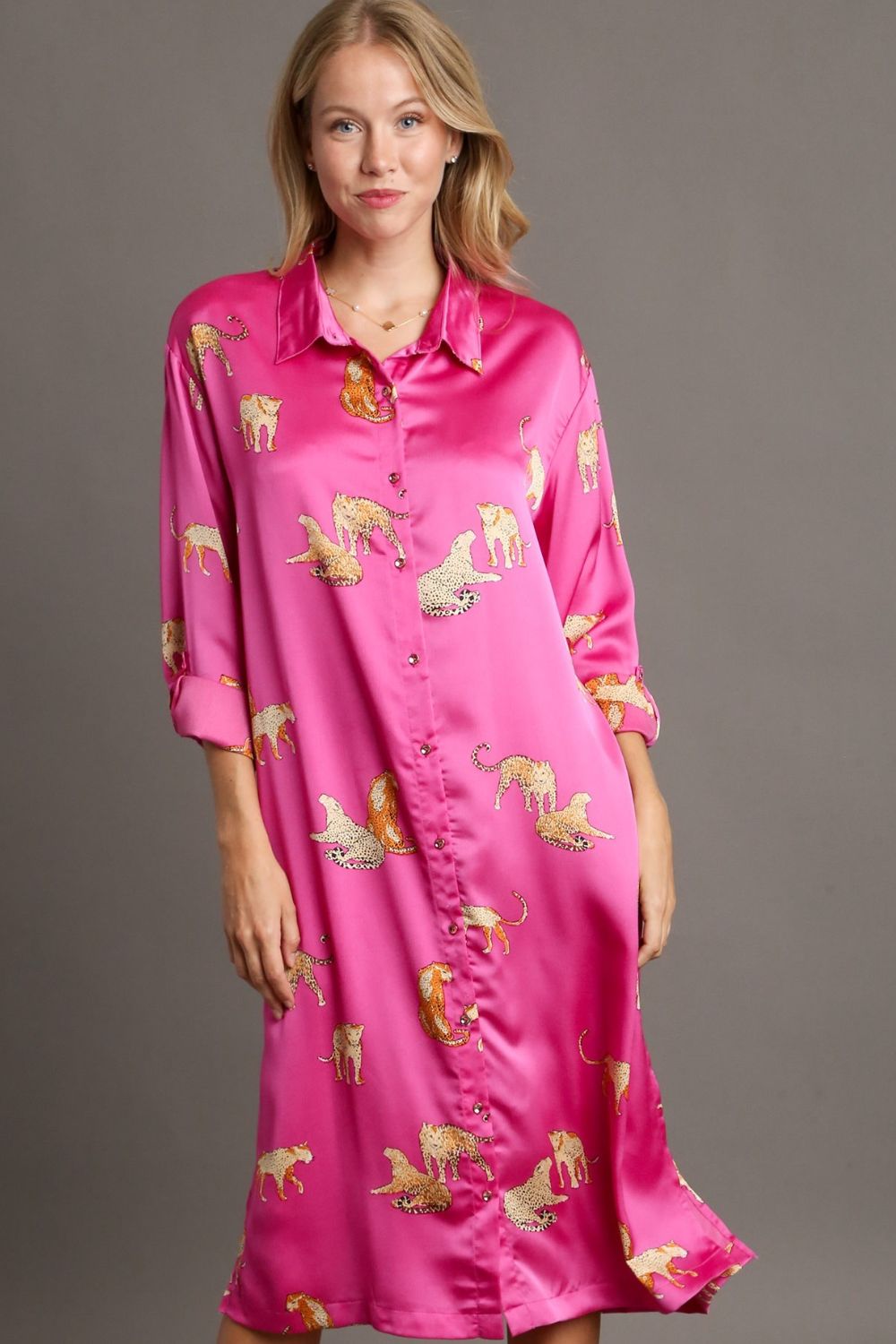 Umgee Midi Shirt Dress Fuchsia Pink Animal Print Side Slit Long Sleeve Fuchsia Pink 2bed97eb-c392-43a2-bb7e-f23f1ada475d-Max Trendsi