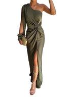 Plus Size Full Length One-Shoulder Maxi Dress with Knot Detail and Side Slit