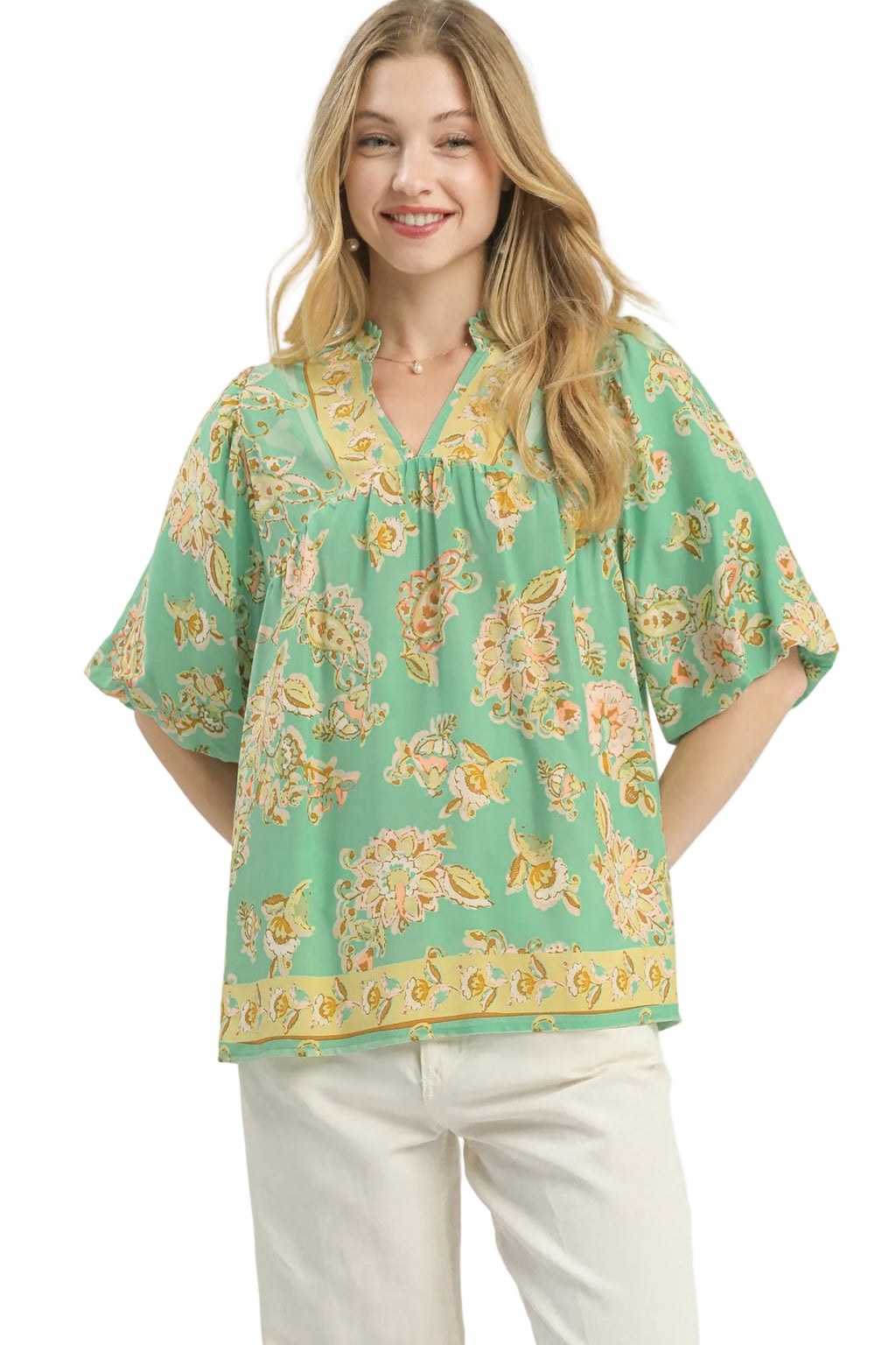 Umgee Apricot Floral Bohemian Blouse
