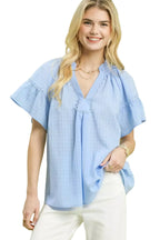 Umgee Gingham Puff Sleeve Top with Lace Trim