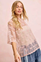 BiBi Bow Pattern Short Sleeves Boxy Mesh Top