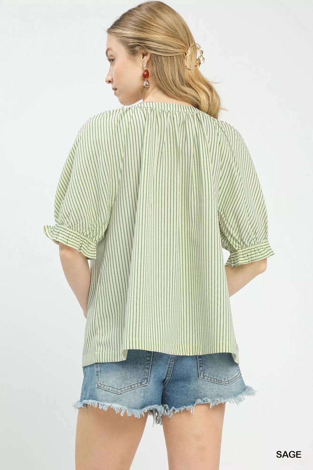 Umgee Blouse Sage Green Stripe V-Neck Short Puff Sleeve Top 2bfb285a-39f9-44a5-b7ce-9a75dc4c9d15-Max-Origin Trendsi