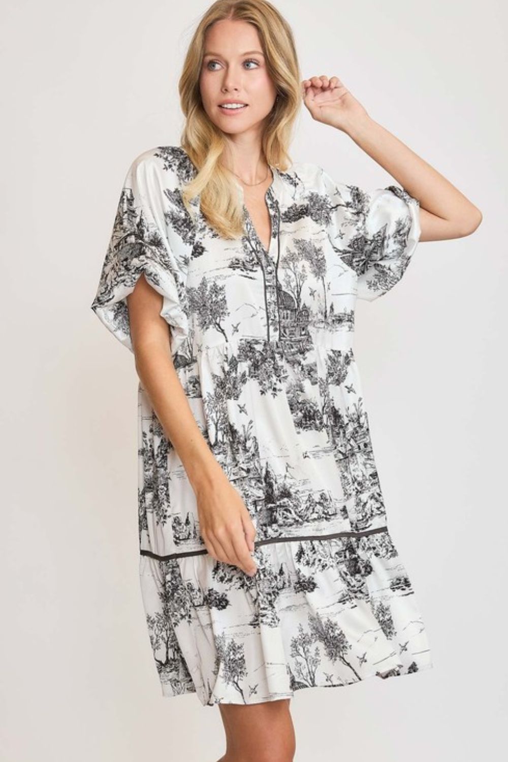 Umgee Floral Dress Black Landscape Print Dress Ruffle Short Sleeve S-2XL Black 2bfebdbb-667b-44f3-9d5c-5b9a14f60d04-Max Trendsi