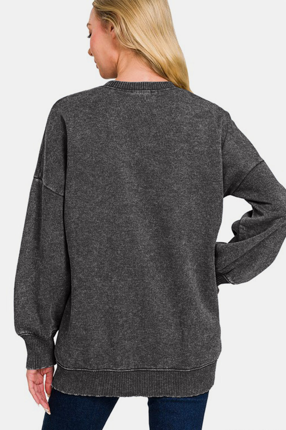 Zenana Women Black Fleece Sweatshirt High-Low Acid Wash Long Sleeve