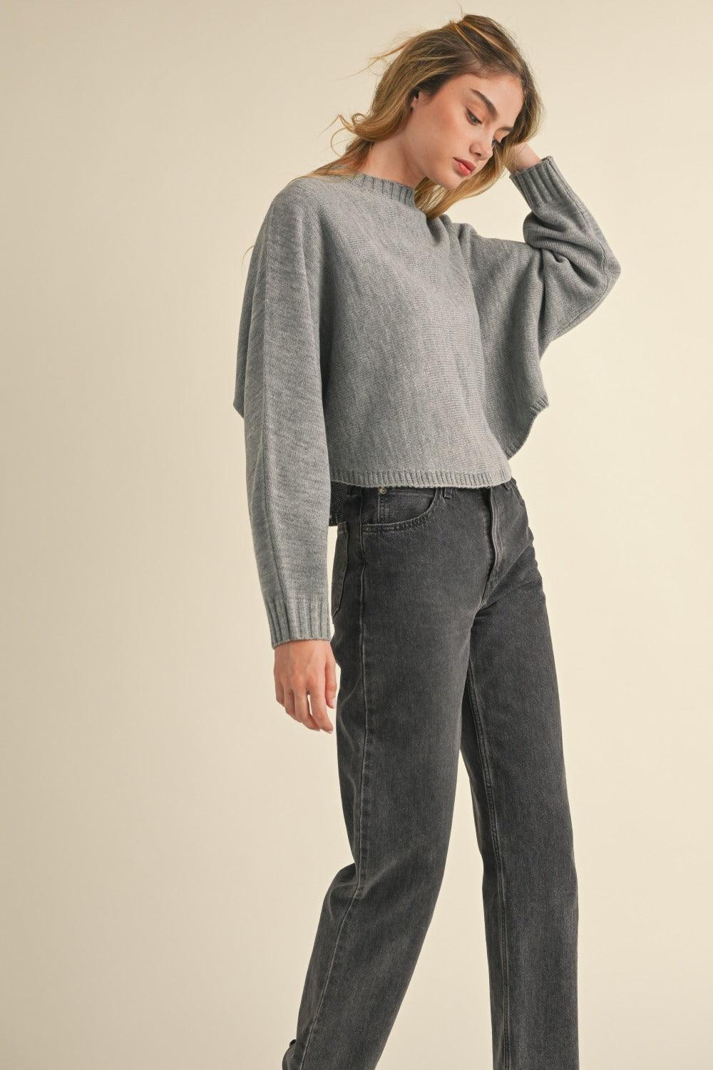 Mable Gray Sweater Round Neck Dolman Sleeve Cropped Basic Style 2c0b01b3-84cc-4113-a6cf-1d0287f742ae-Max Trendsi