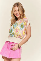 ADORA Crochet Top Beige Floral Multicolor Diamond Knit Short Sleeve 2c0ffd8d2d0d4c37a2fa9169b861b256-Max-Origin Trendsi