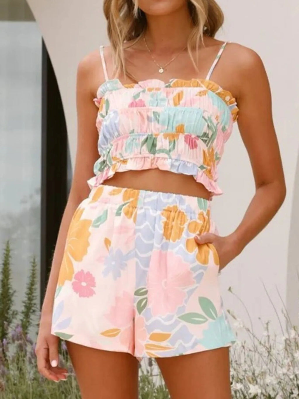 Women's Outfit Set Floral Crop Top Colorful Printed Ruffle Cami and Shorts 2c133e41-fc00-4c99-8252-91f033438a7d-Max-Origin Trendsi