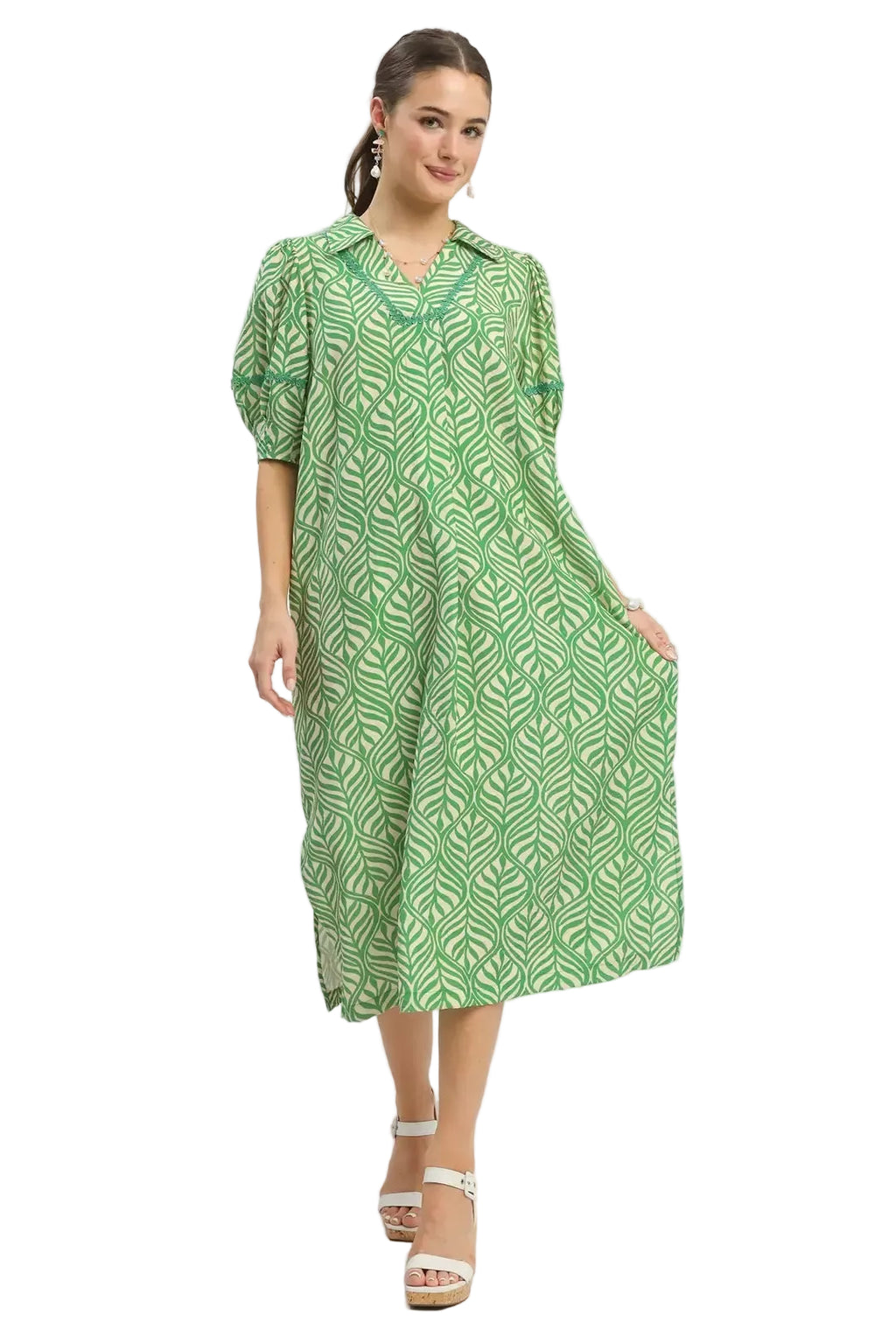 Umgee Printed Midi Dress with Puff Sleeves and Pockets