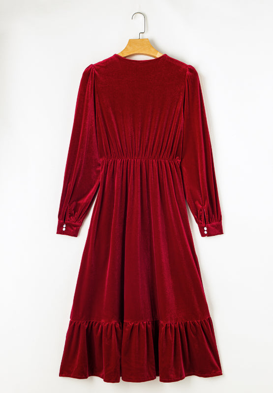Black Velvet Midi Dress Ruffle Hem Slit V-Neck Buttoned Long Sleeve Dresses 2c191d15-75da-45ce-b50f-ab8443a01b9d-Max Trendsi