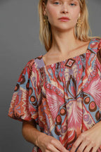Umgee Women Viscose Blouse Abstract Pink Smocked Square Neck Puff Sleeve 2c1deb84-e082-4db1-9d04-72172515aaad-Max Trendsi