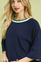 Umgee Womens Knit Top Navy Ribbed with Contrast Trim Neck 2c1ed7e4-c00e-48fb-bd24-795c8a71efbd-Max-Origin Trendsi