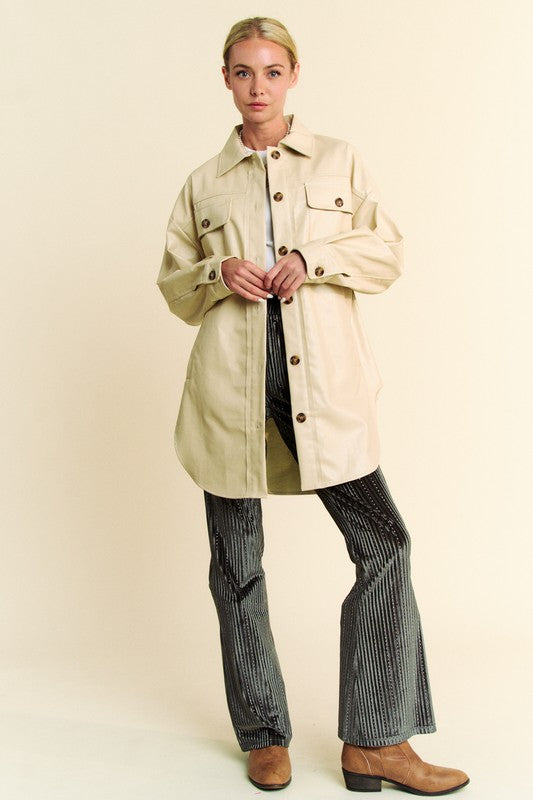 Davi & Dani Jacket Faux Leather Beige Button Up with Chest Pockets