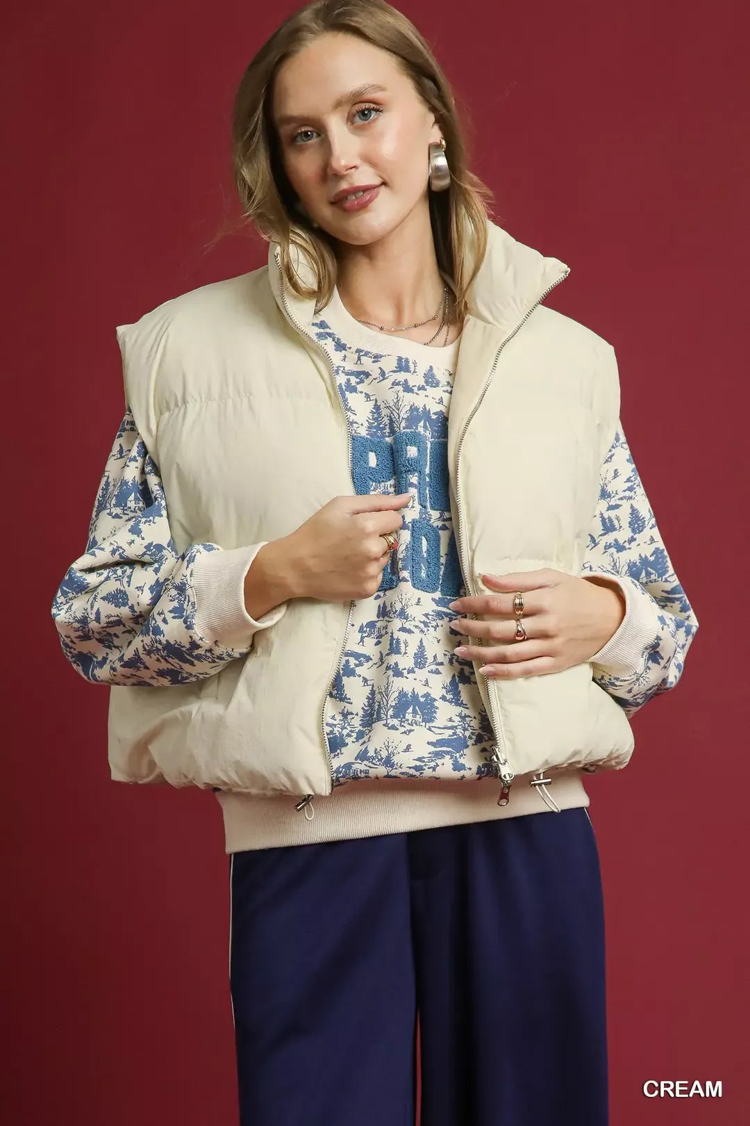 Umgee Womens Puffer Vest Cream High Neck with Zip Front 2c2a3435-7fe1-4217-8920-a5dfd65eb278-Max-Origin Trendsi