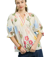 Umgee Floral Split Neck Puff Sleeve Top
