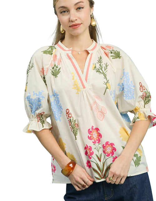 Umgee Floral Split Neck Puff Sleeve Top
