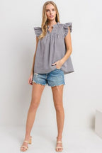 Ces Femme Plaid Blouse Notched Ruffled Cap Short Sleeve 2c355283-663e-4d26-8bfe-09296e8a34e5-Min Trendsi